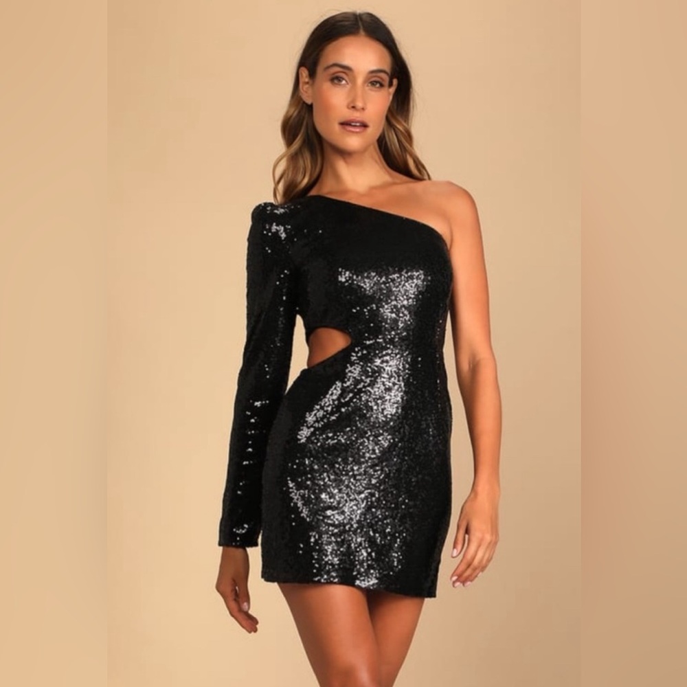 Lulu’s Total Diva Black Sequin One-Shoulder Bodycon Mini Dress - Medium